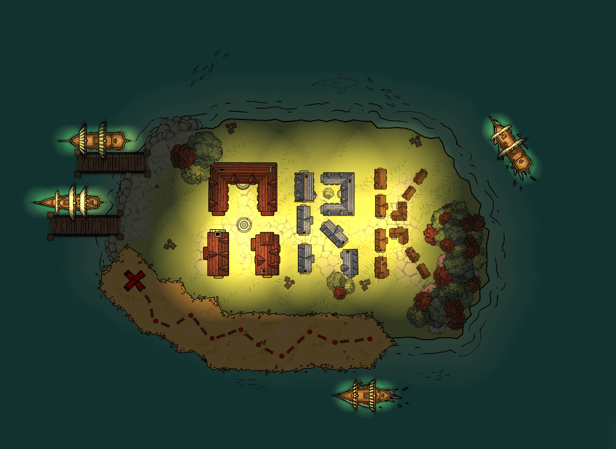 ARK island map - a top-down illustrated pirate island with ships, buildings, and a treasure trail